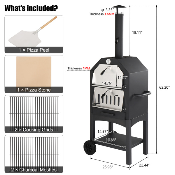 Freestanding Carbon Grill With Chimney, Wheels, Pizza Stone, And Pizza Shovel - Image 7