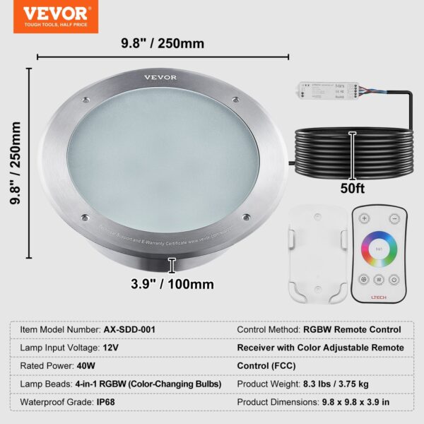 VEVOR 12V LED Pool Light, 10 Inch 40W, RGBW Color Changing Inground Swimming Pool Spa Light Underwater, With 50 FT Cord Remote Control, Fit For 10 In Large Wet Niches, IP68 & Tested To UL Standards - Image 7
