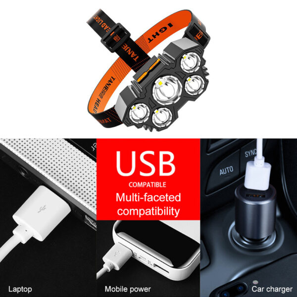 USB Strong Light Super Bright Rechargeable Fishing Five Head Lamp - Image 3