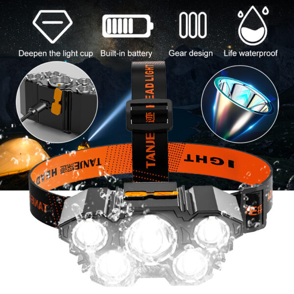 USB Strong Light Super Bright Rechargeable Fishing Five Head Lamp - Image 4